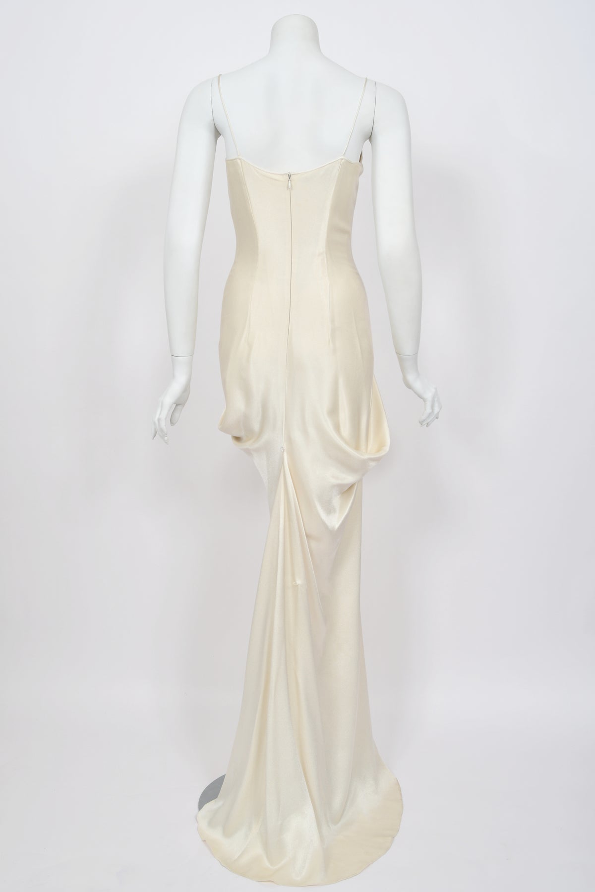 1999 John Galliano Ivory Satin Asymmetric Drape Hourglass Optional Trained Gown