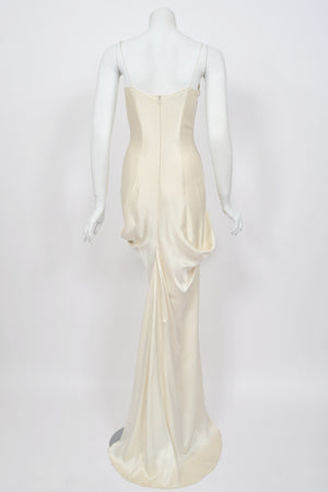 1999 John Galliano Ivory Satin Asymmetric Drape Hourglass Optional Trained Gown
