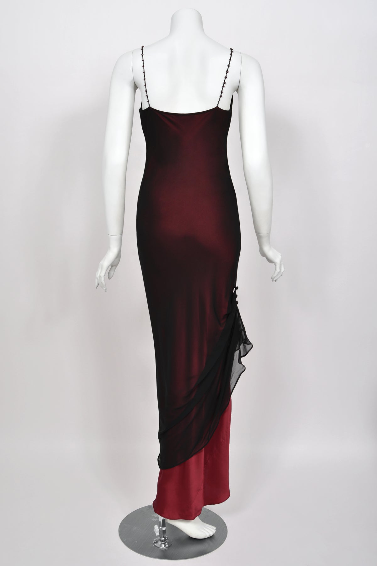 2000 John Galliano Beaded Black Sheer Silk Chiffon & Red Satin Draped Bias-Cut Gown