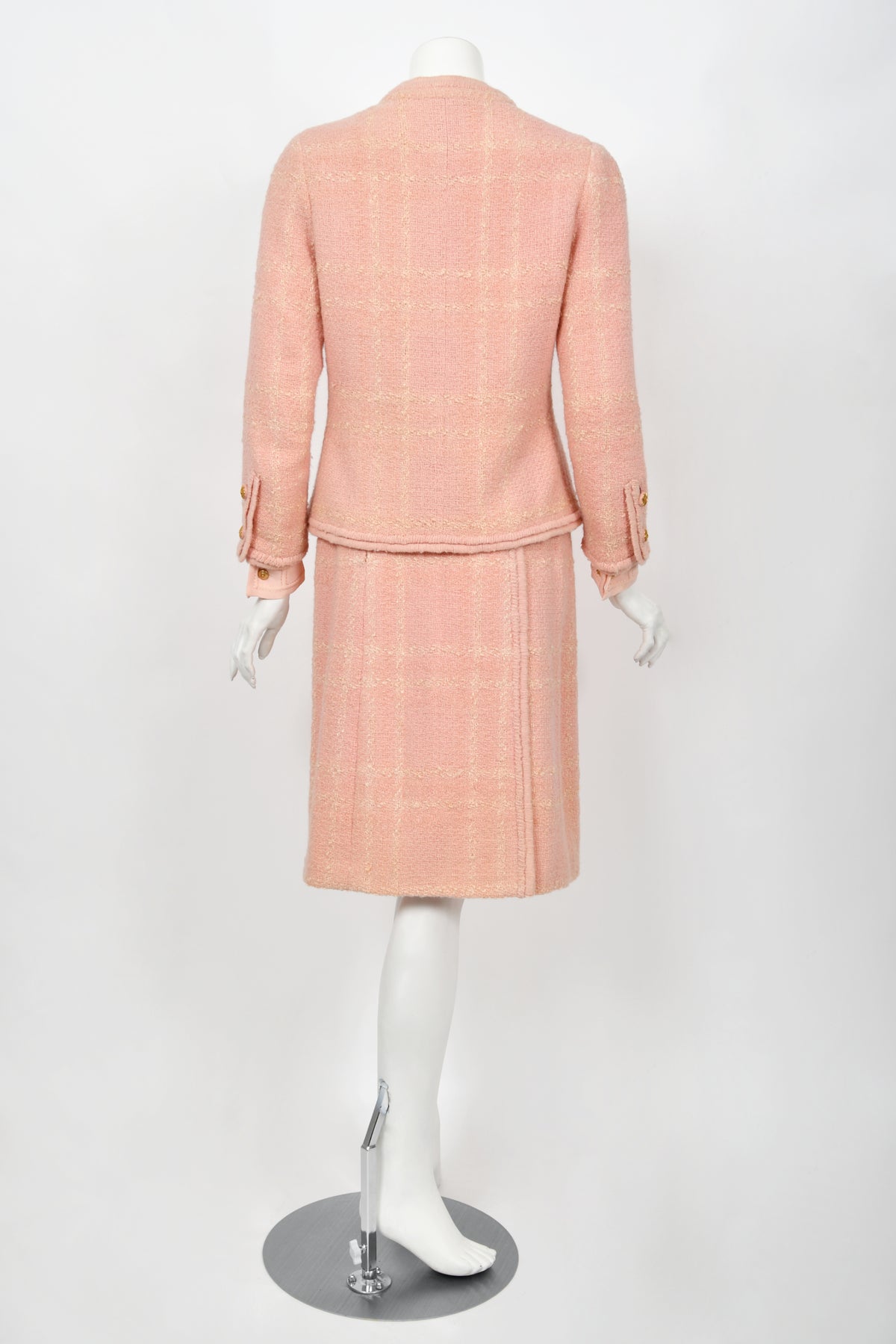 1973 Chanel Haute Couture Documented Pink Wool Jacket Blouse Skirt Three-Piece Suit