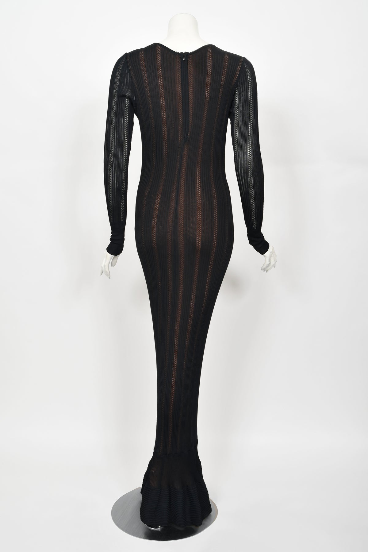 1996 Azzedine Alaia Black Nude-Illusion Knit Bodycon Floor Length Gown