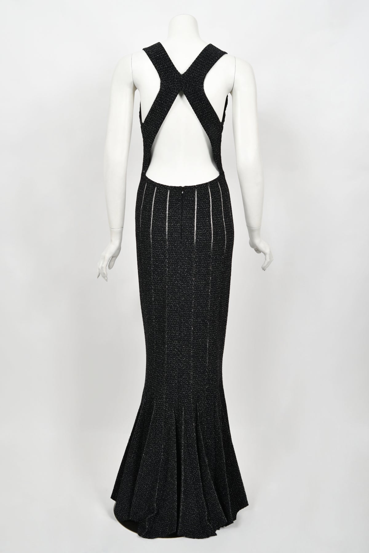 2012 Azzedine Alaia Black Metallic Knit Bodycon Sheer Cutwork Fishtail Gown