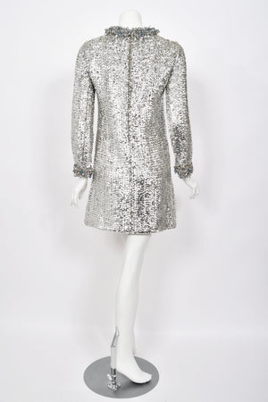 1966 Pierre Cardin Paris Metallic Silver Beaded Sequin Space-Age Mod Mini Dress