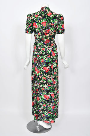 1930's Fashion Originators Guild Rhinestone Studded Floral Silk Neck-Bow Gown