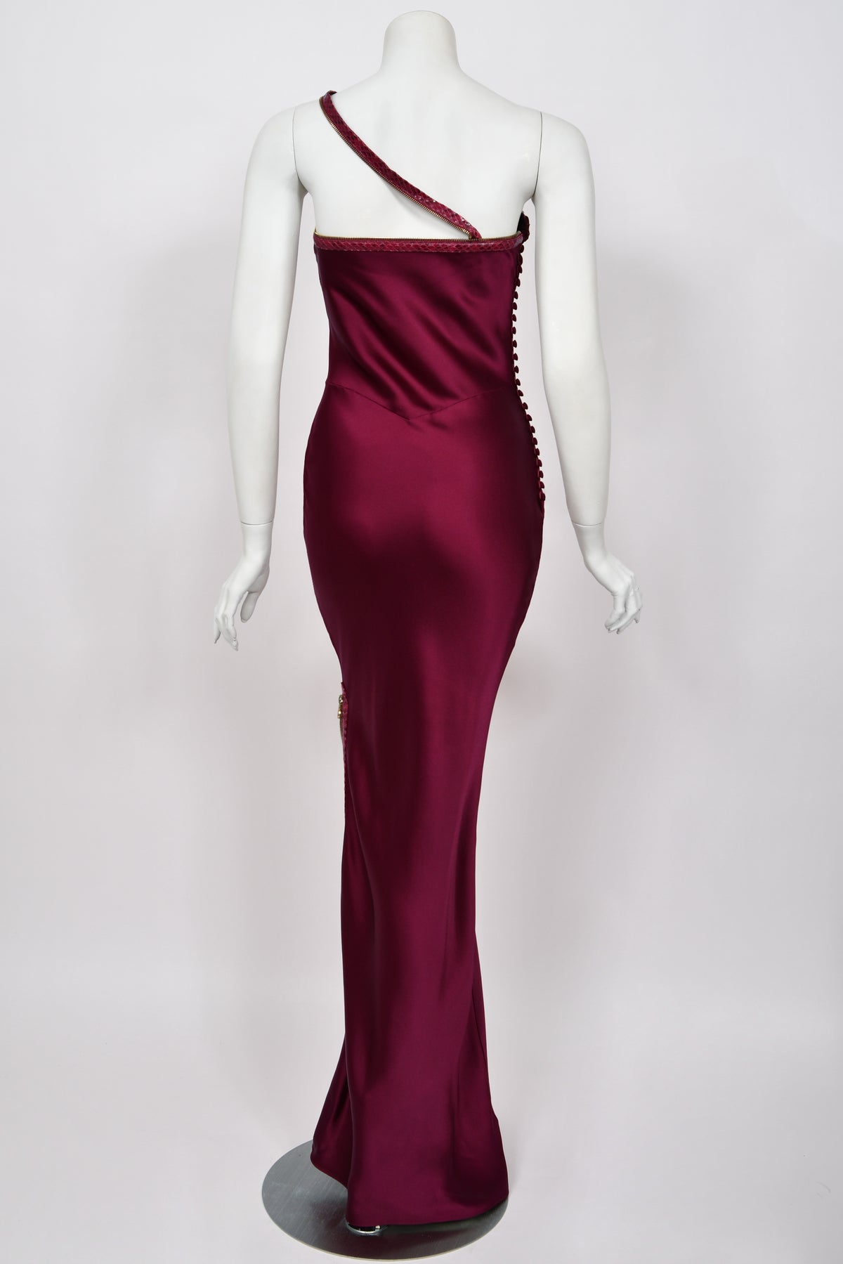 2001 Christian Dior by John Galliano Wine-Red Silk Snakeskin Zippers High Slit Bias-Cut Gown