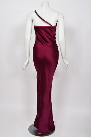 2001 Christian Dior by John Galliano Wine-Red Silk Snakeskin Zippers High Slit Bias-Cut Gown