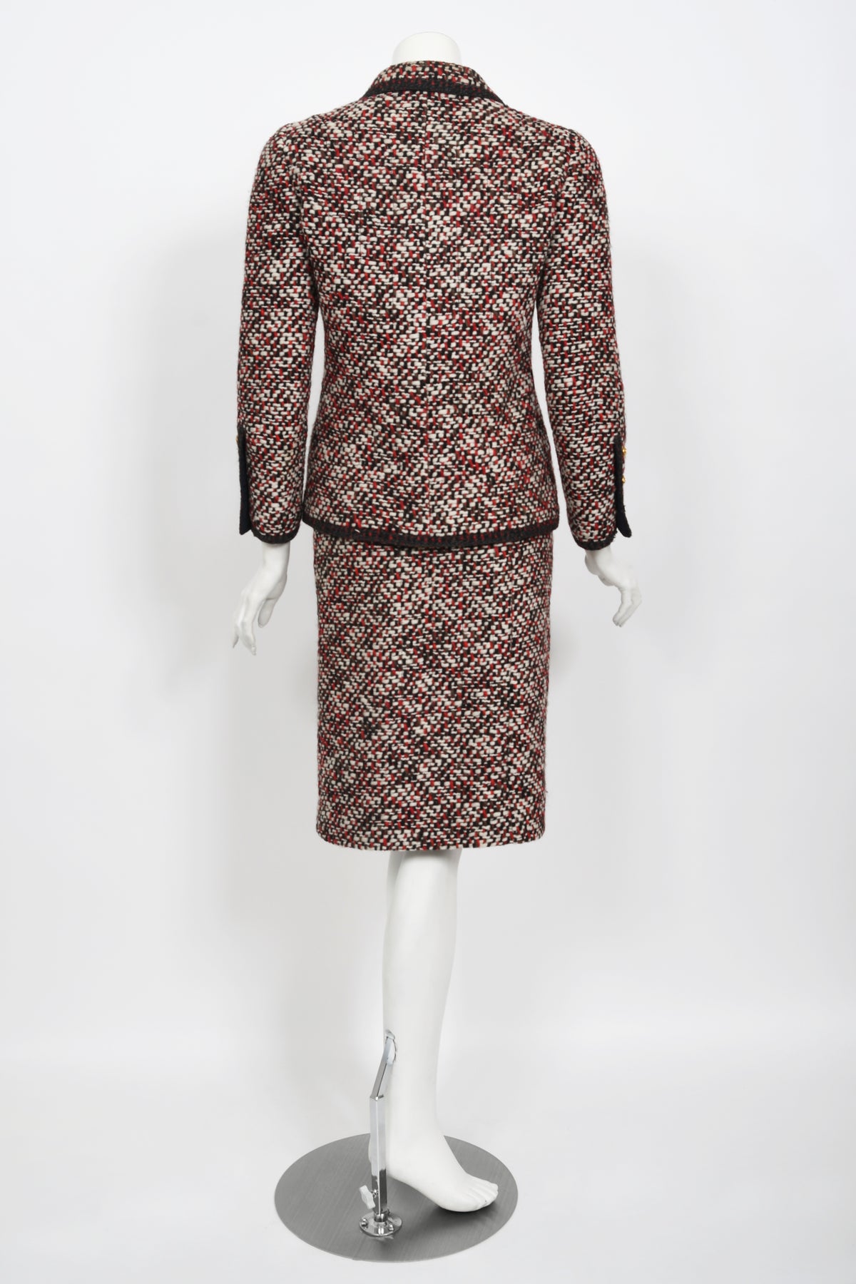1973 Chanel Haute Couture Red Black Ivory Wool Tweed Jacket & Skirt Suit