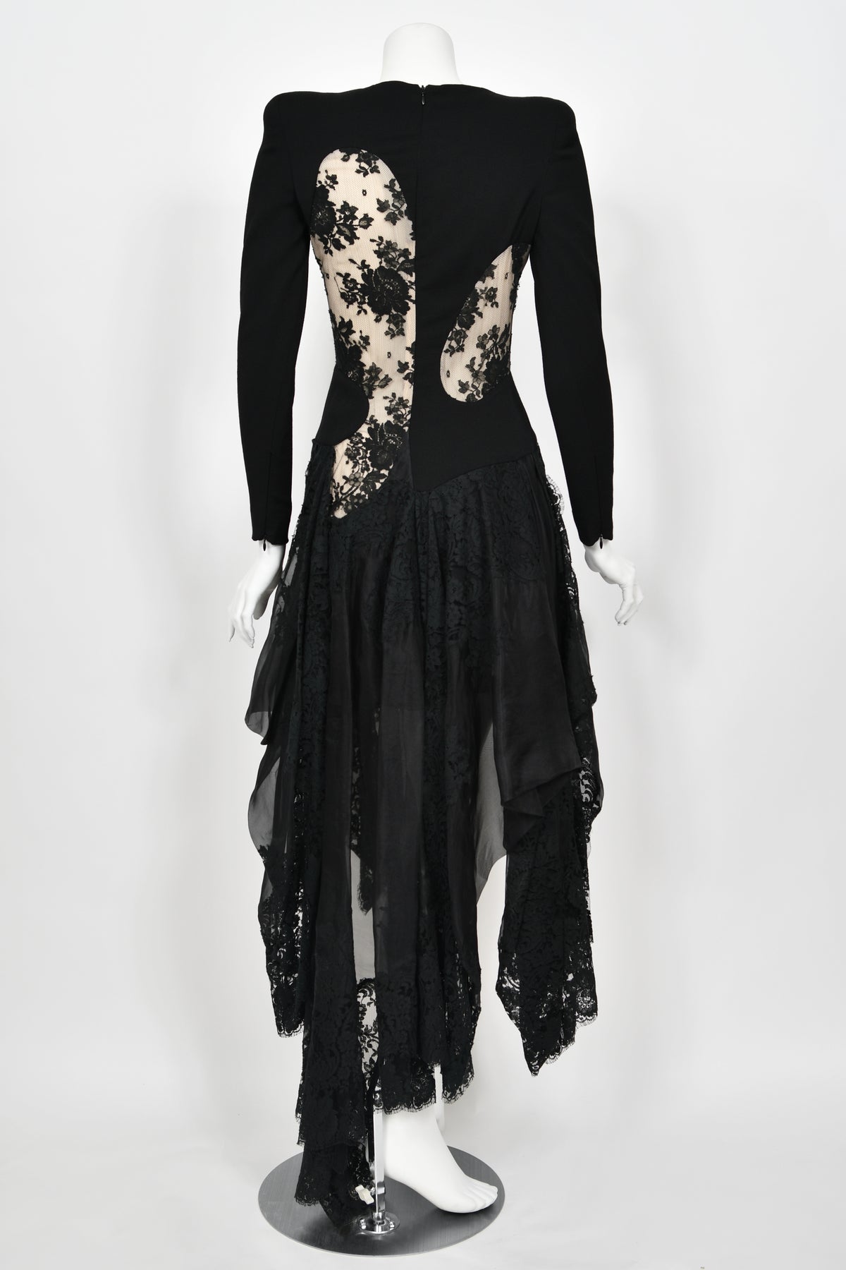 2010 Alexander McQueen Lifetime Black Crepe &amp; Sheer Illusion Lace High-Low Gown