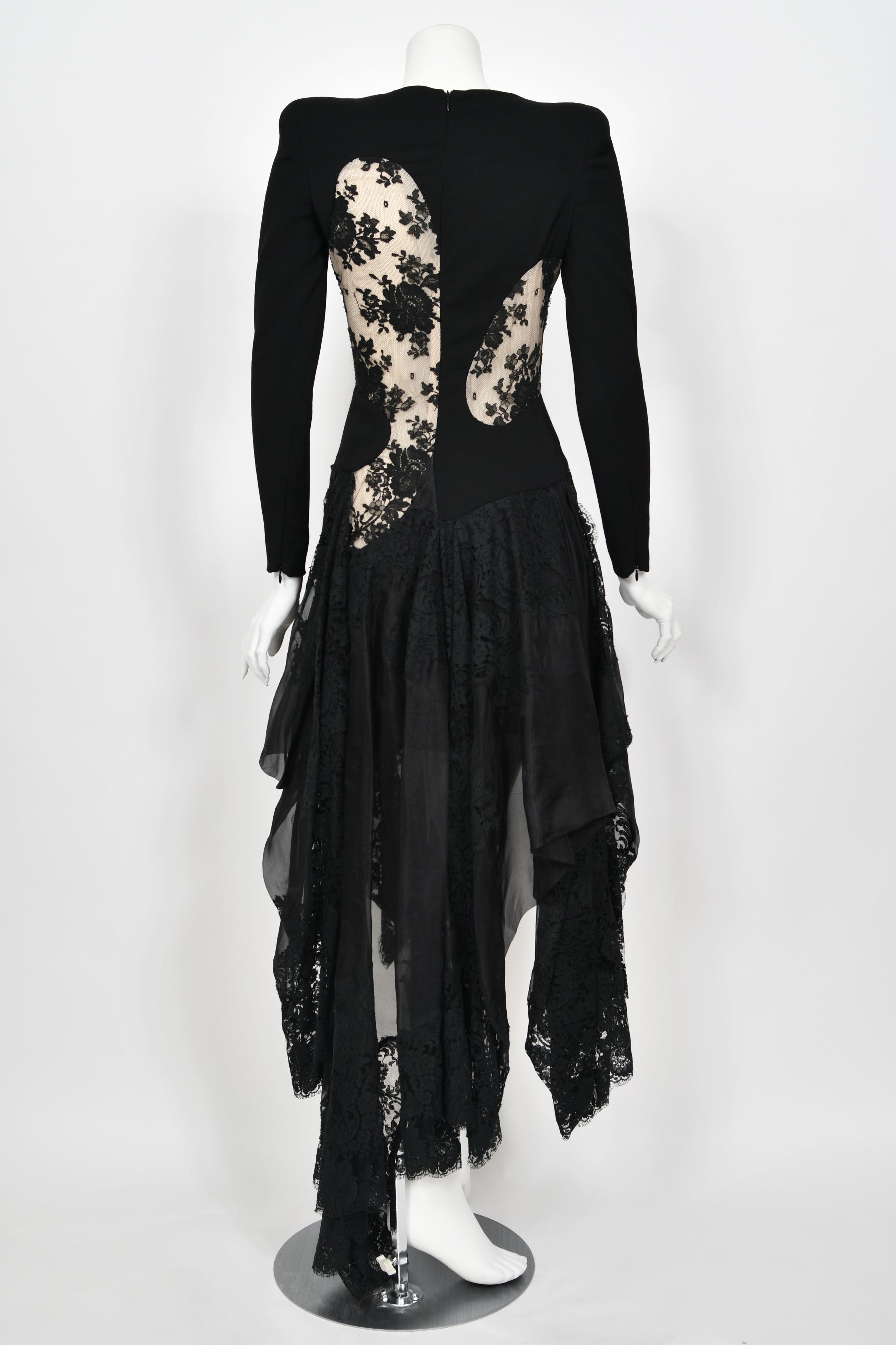 2010 Alexander McQueen Black Crepe & Sheer Illusion Lace High-Low Gown