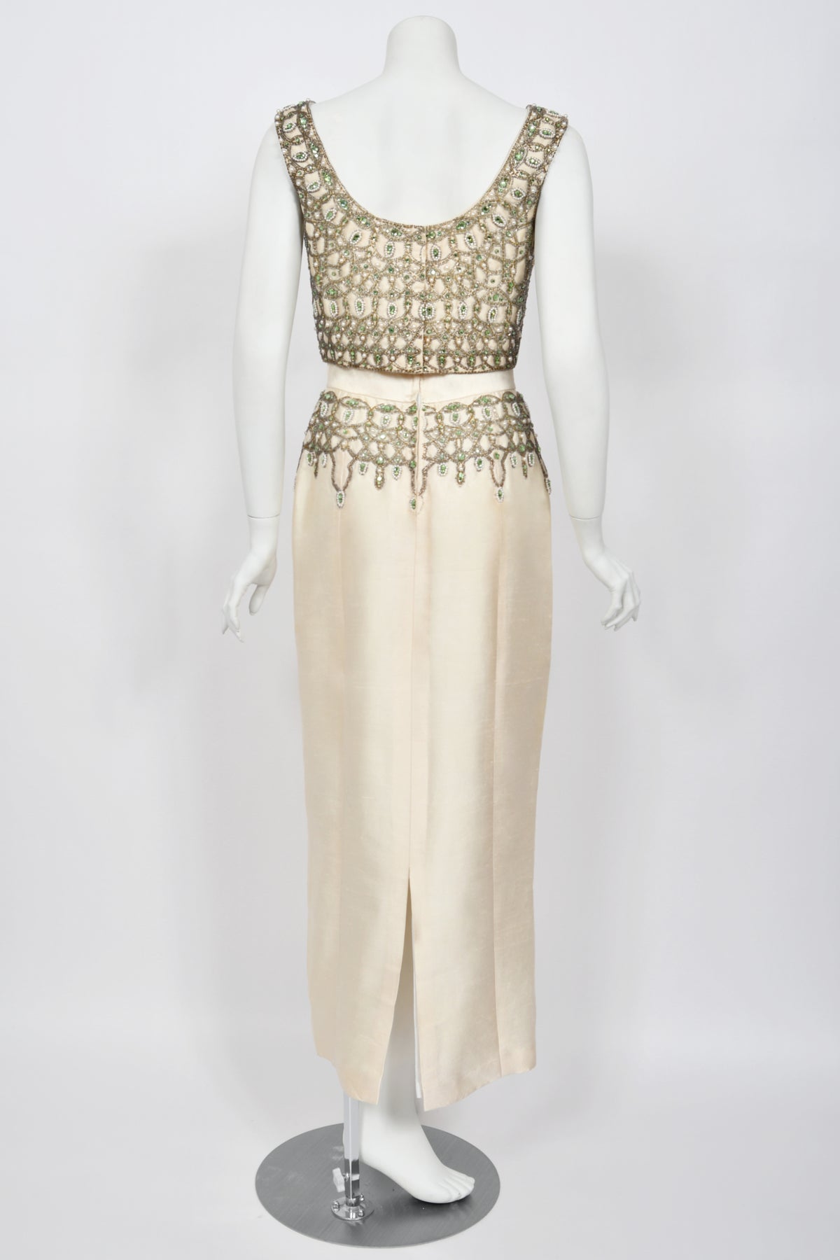1960&#39;s British Crown Colony Beaded Rhinestone Ivory Silk Crop Top Column Gown