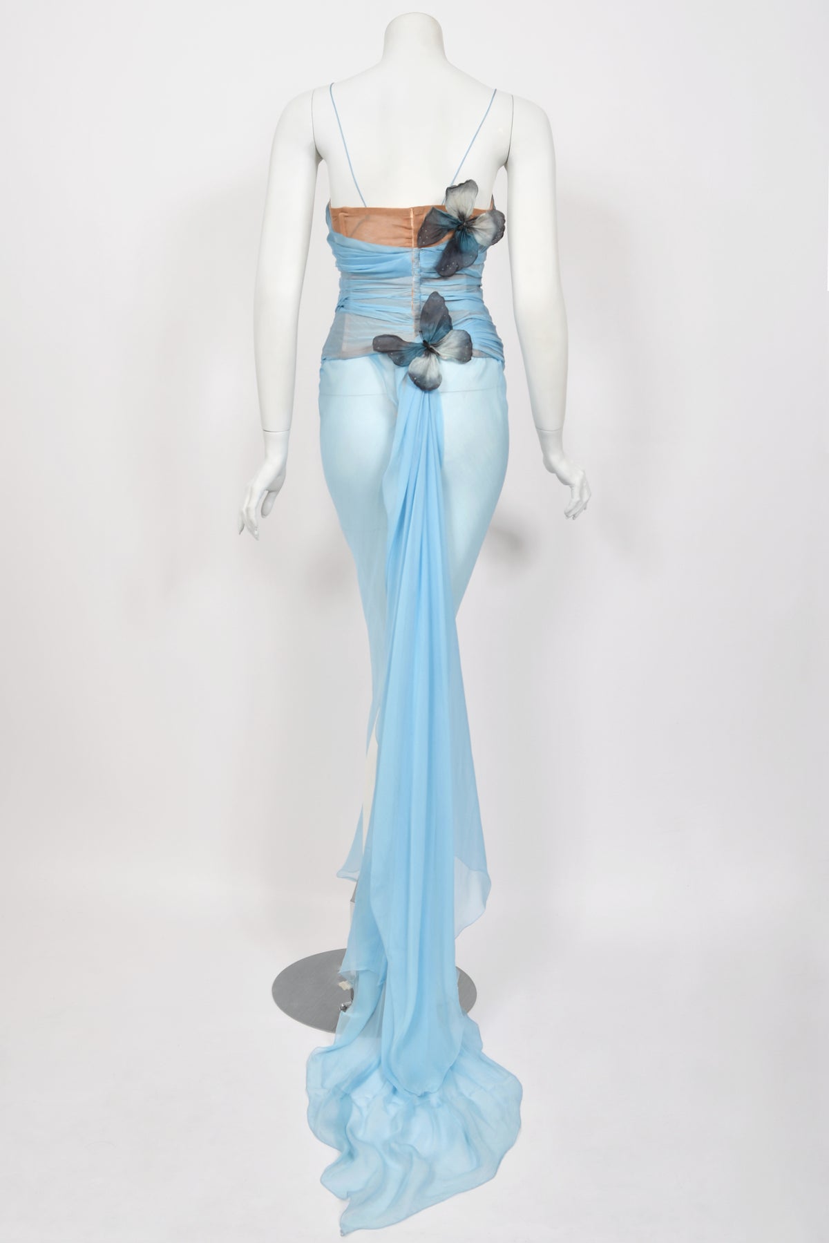 1998 Dolce &amp; Gabbana &#39;Stromboli Collection&#39; Hand-Painted Butterflies Blue Silk Corset Gown
