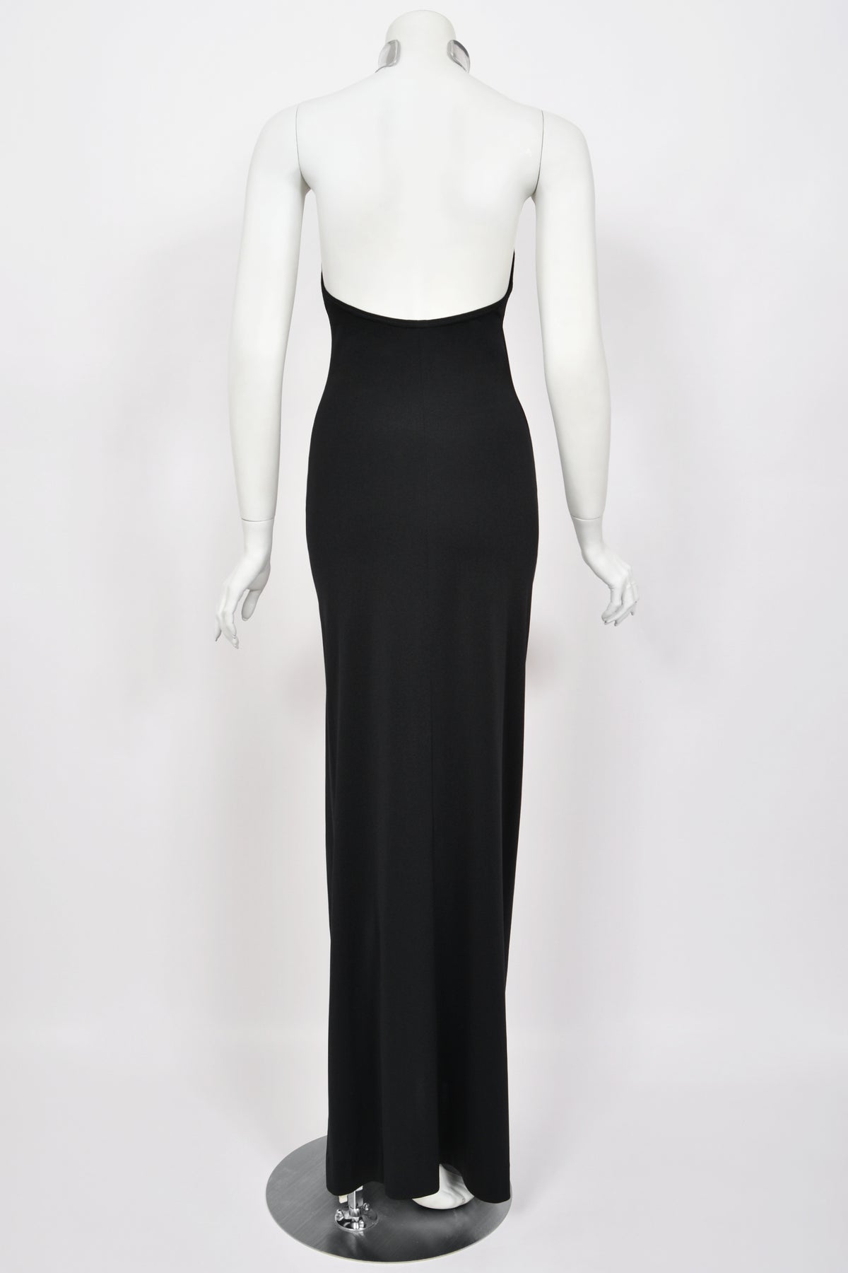 1975 Rudi Gernreich Documented Metal-Collar Black Jersey High-Slit Maxi Dress