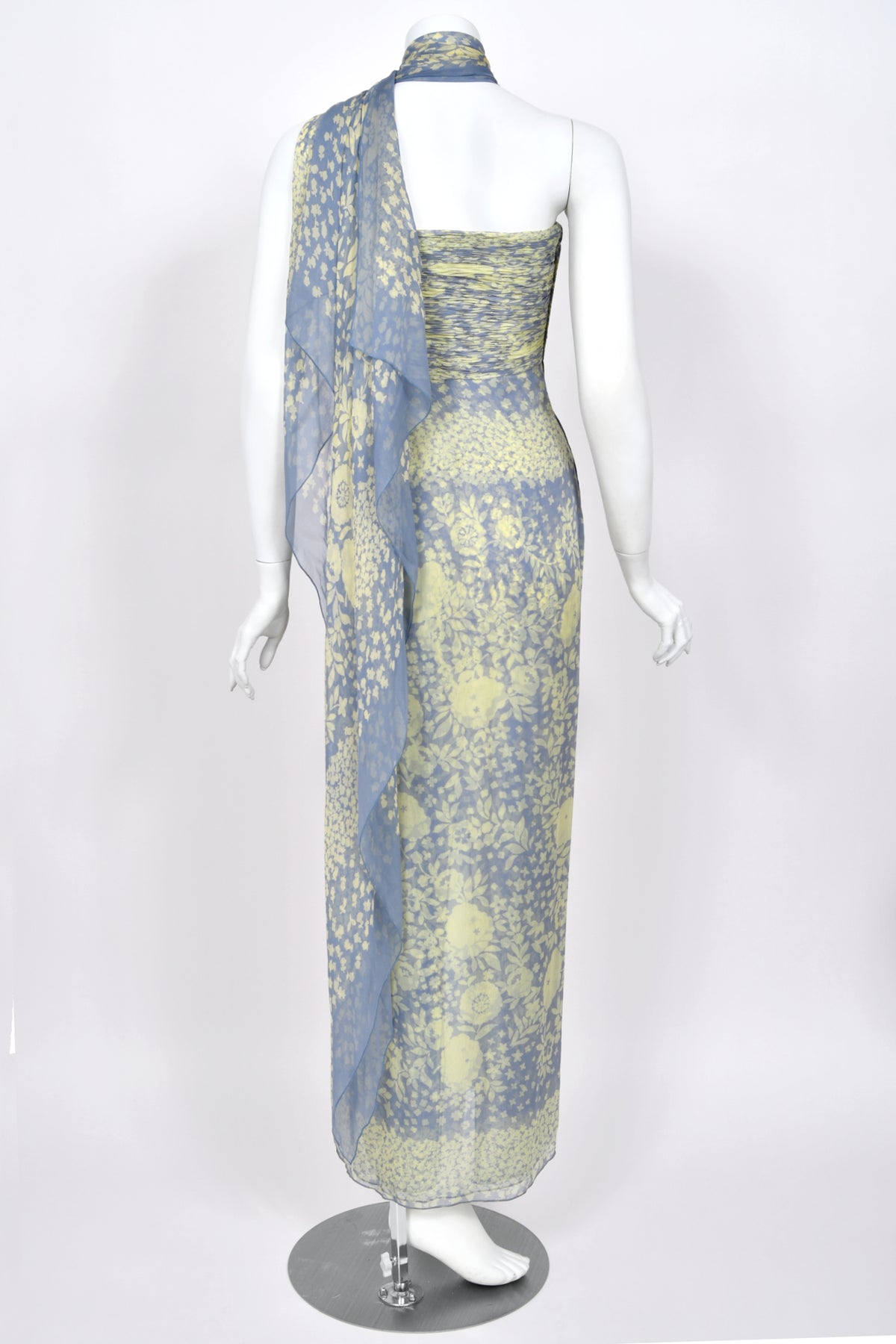 1995 Valentino Runway Periwinkle & Yellow Floral Print Silk Ruched Strapless Draped Gown