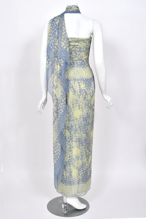 1995 Valentino Runway Periwinkle & Yellow Floral Print Silk Ruched Strapless Draped Gown