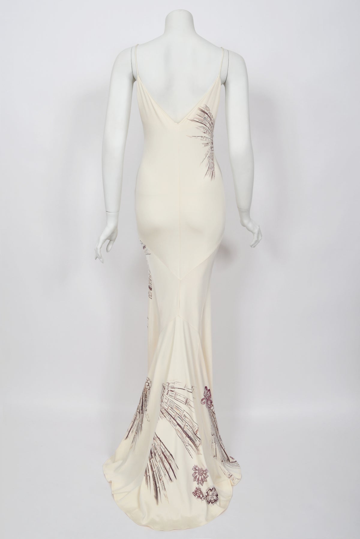 2002 Roberto Cavalli Runway Ivory Jeweled Stretch Silk Trained &#39;Cindy Crawford&#39; Gown