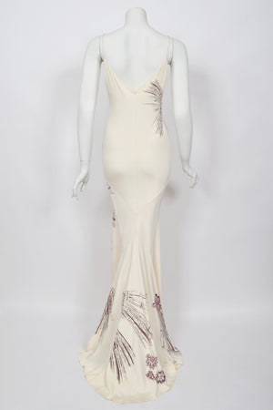 2002 Roberto Cavalli Runway Ivory Jeweled Stretch Silk Trained 'Cindy Crawford' Gown