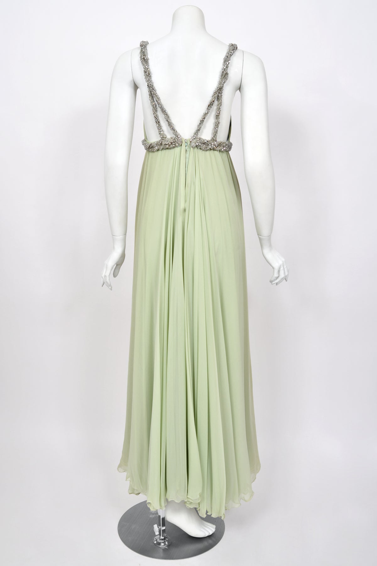1965 Sarmi Couture Seafoam Green Jeweled Silk Chiffon Empire Plunge Grecian Gown
