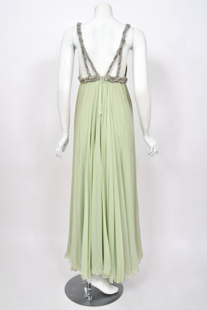 1965 Sarmi Couture Seafoam Green Jeweled Silk Chiffon Empire Plunge Grecian Gown