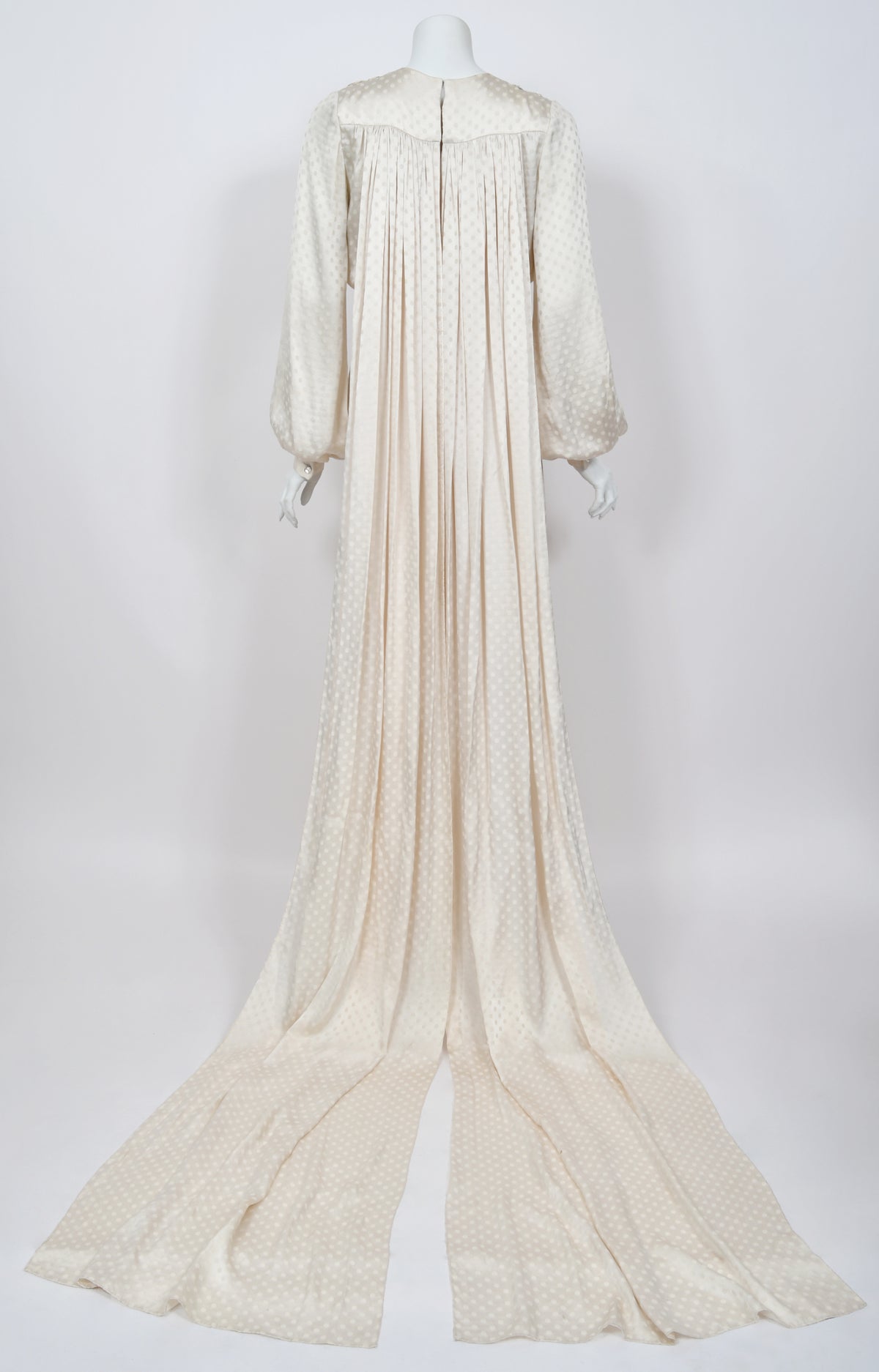 1974 Thea Porter Couture Beaded Sequin Seashells Ivory Silk Billow-Sleeve Trained Gown