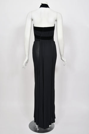 1998 Thierry Mugler Runway Black Silk-Jersey & Velvet Bustier Cut-Out Halter Gown