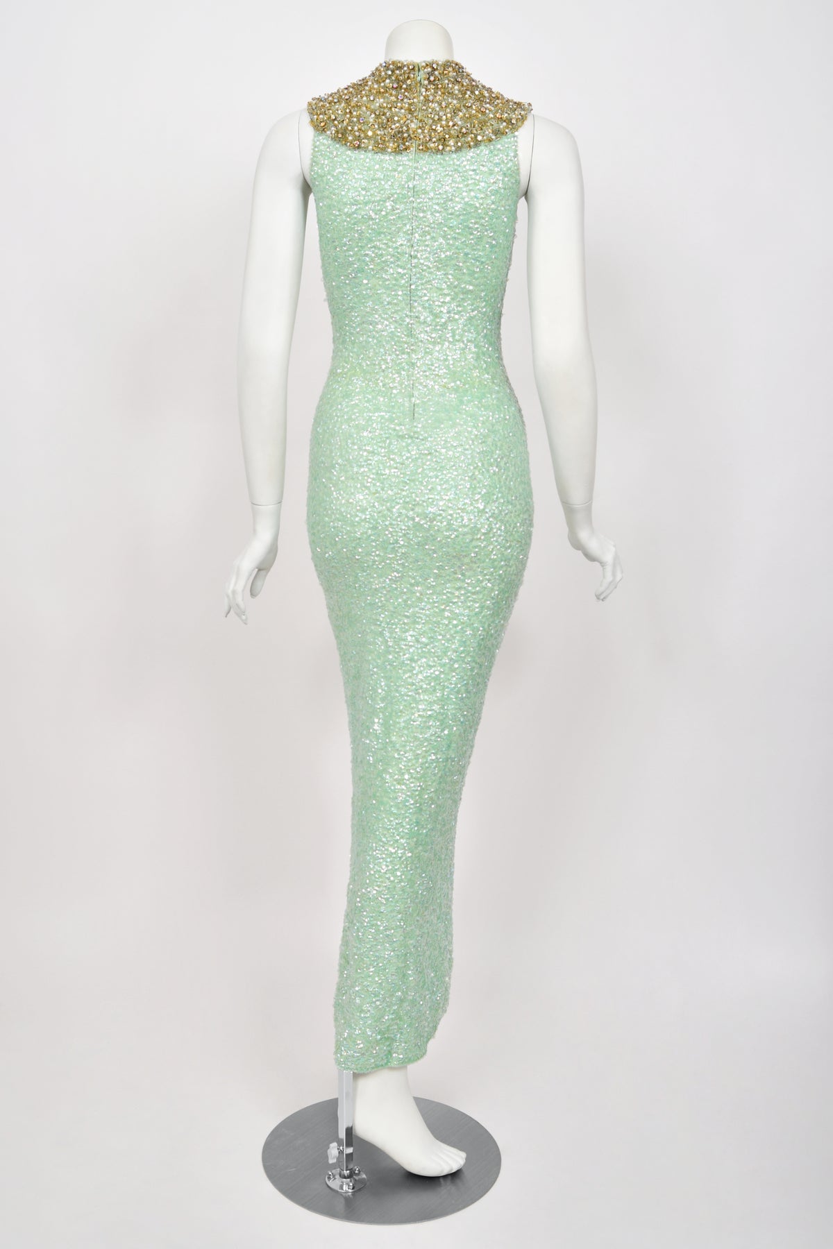 1960's Gene Shelly Seafoam Fully- Sequin Stretch Knit Beaded Collar Hourglass Gown