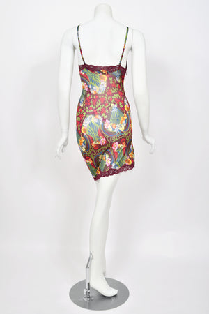 2005 Christian Dior by John Galliano Burgundy Floral Semi-Sheer Mini Slip Dress w/ Tags