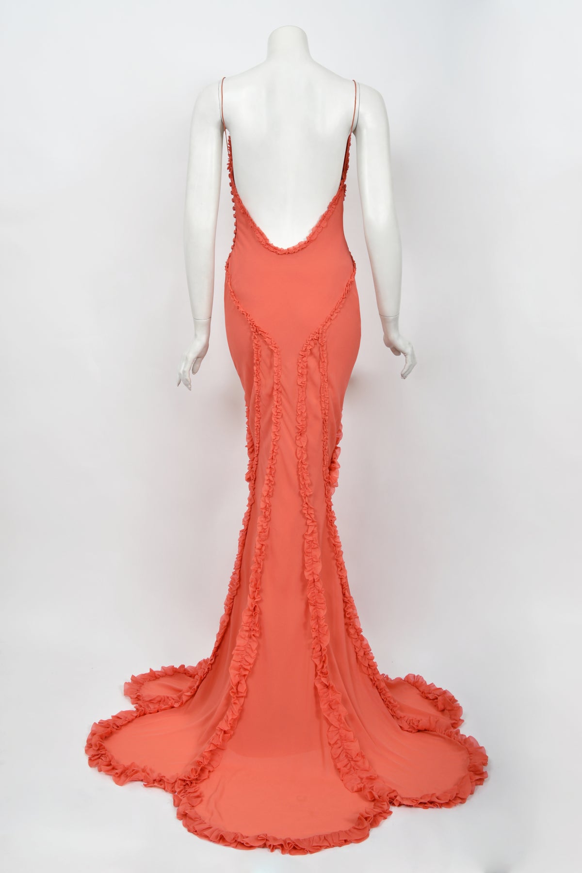 2008 John Galliano Coral Pink Silk Bias-Cut Scalloped Train Backless Gown