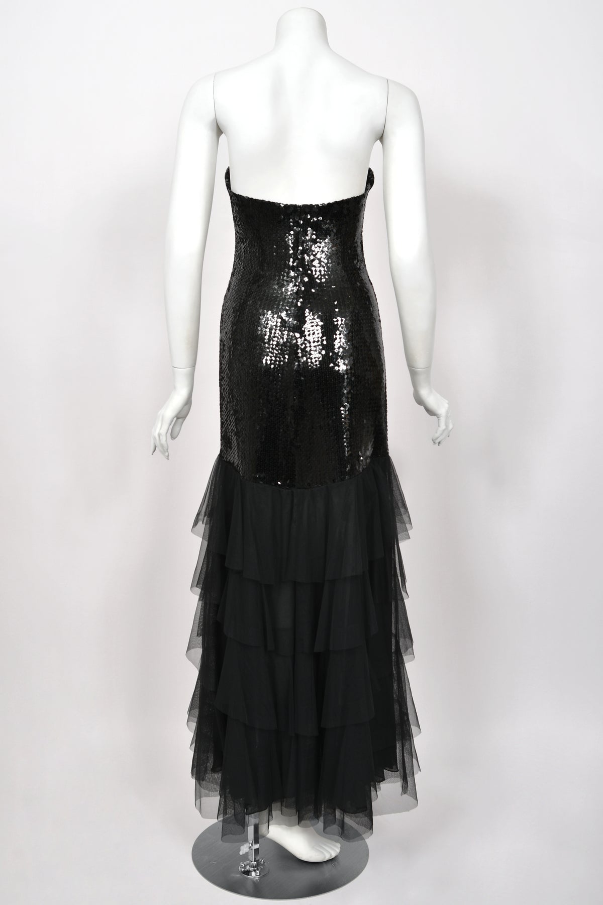 1978 Loris Azzaro Couture Black Sequin Strapless Tiered-Ruffle Gown & Sheer Capelet