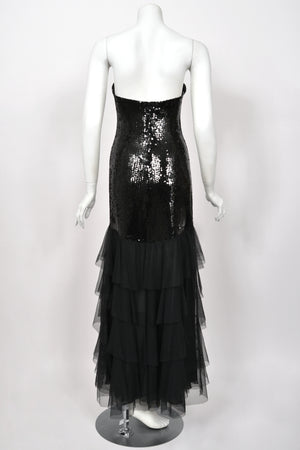 1978 Loris Azzaro Couture Black Sequin Strapless Tiered-Ruffle Gown & Sheer Capelet