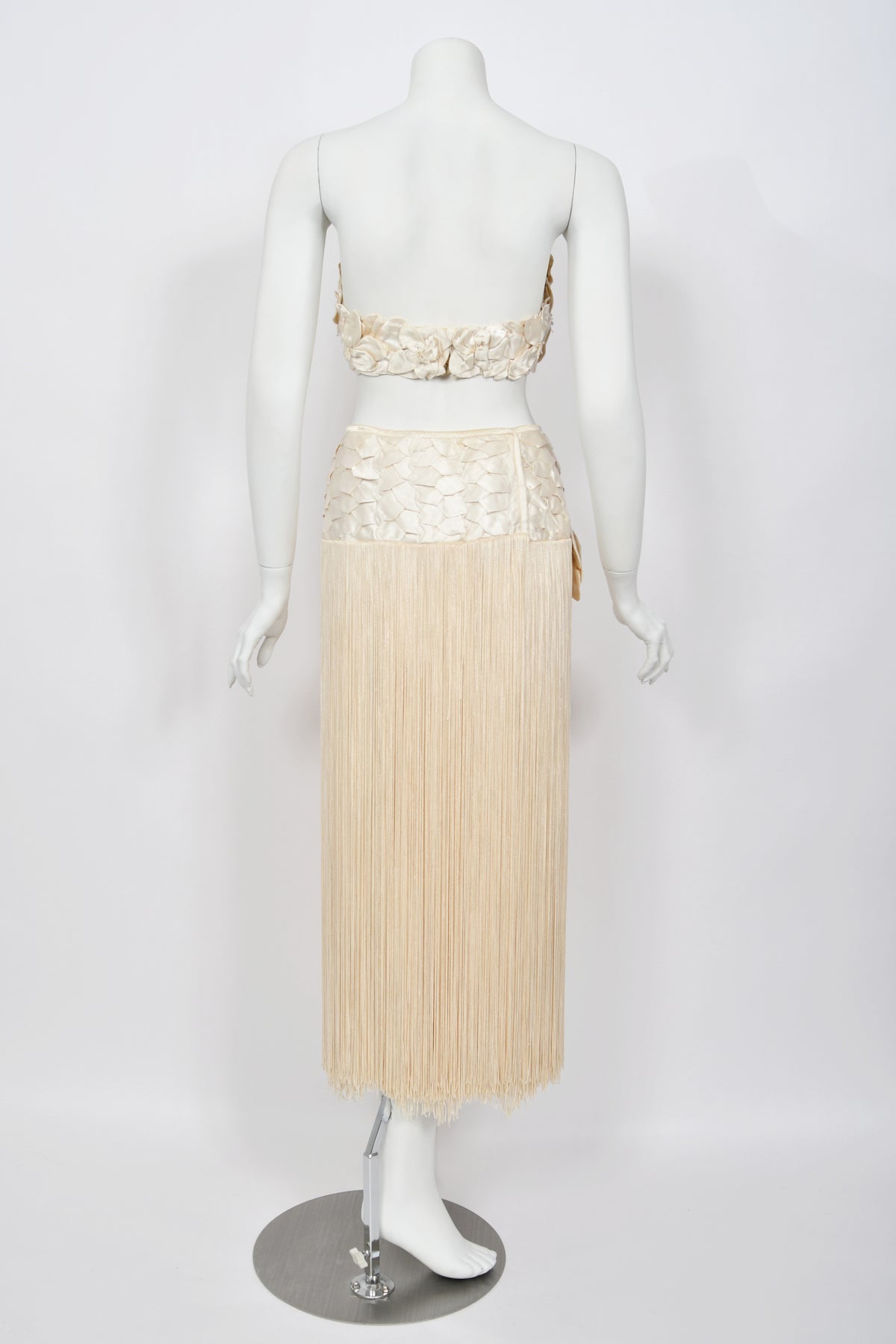 1950&#39;s Ivory Floral Appliqué Silk Bustier Crop Top &amp; Matching Fringe Skirt Set