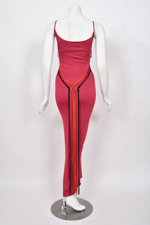 2003 Christian Dior by John Galliano Burgundy Red Stretch-Knit Draped Strings Maxi Dress