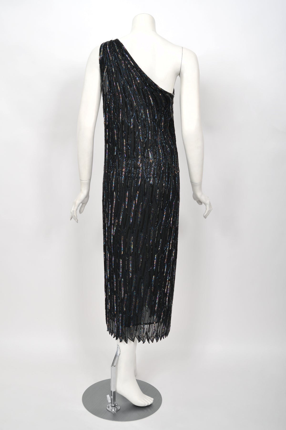 1970&#39;s Halston Couture Iridescent Beaded Black Silk One-Shoulder Dress