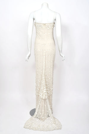 2004 Randi Rahm Couture Embroidered Metallic Ivory Lace Appliqué Trained Slip Gown