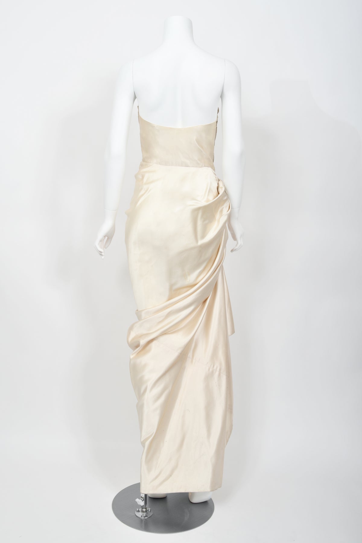 1949 Jeanne Lanvin Haute Couture Ivory Silk Satin Strapless Draped Bridal Gown