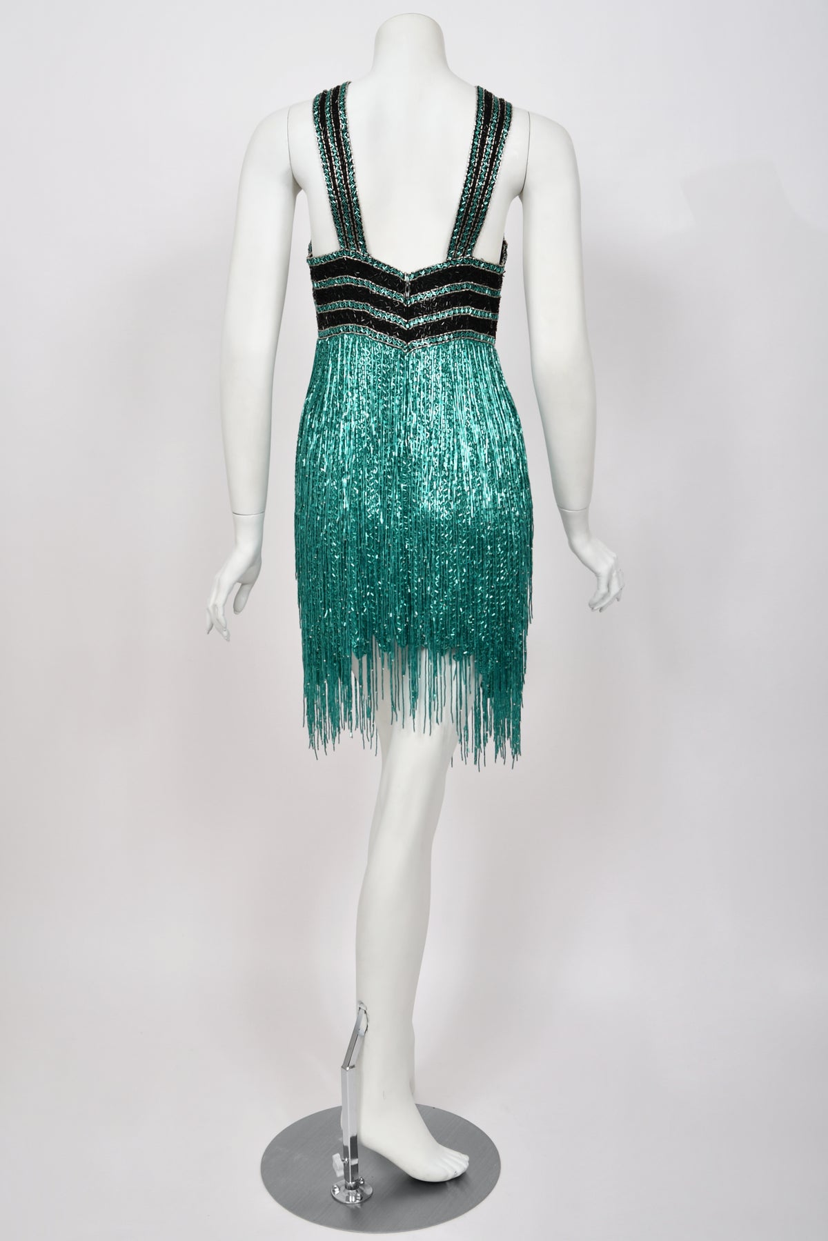 1990 Bob Mackie Teal-Green &amp; Black Beaded Fringe Backless Cocktail Dress