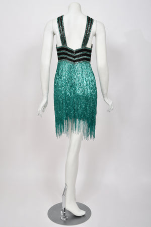 1990 Bob Mackie Teal-Green & Black Beaded Fringe Backless Cocktail Dress