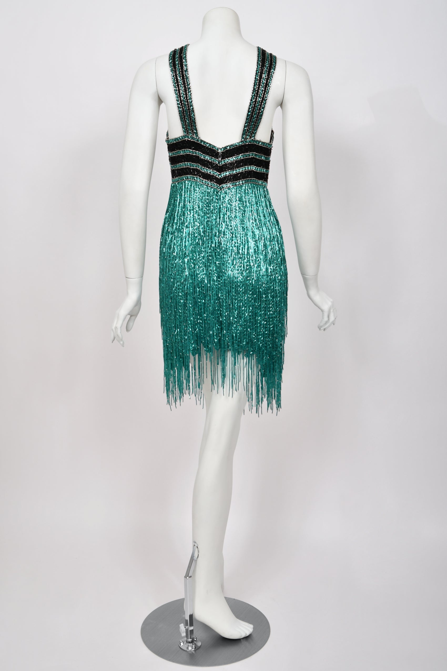 1990 Bob Mackie Teal-Green & Black Beaded Fringe Backless Cocktail Dre - Timeless Vixen 1990 Bob Mackie Teal-Green & Black Beaded Fringe Backless Cocktail Dre - Timeless Vixen