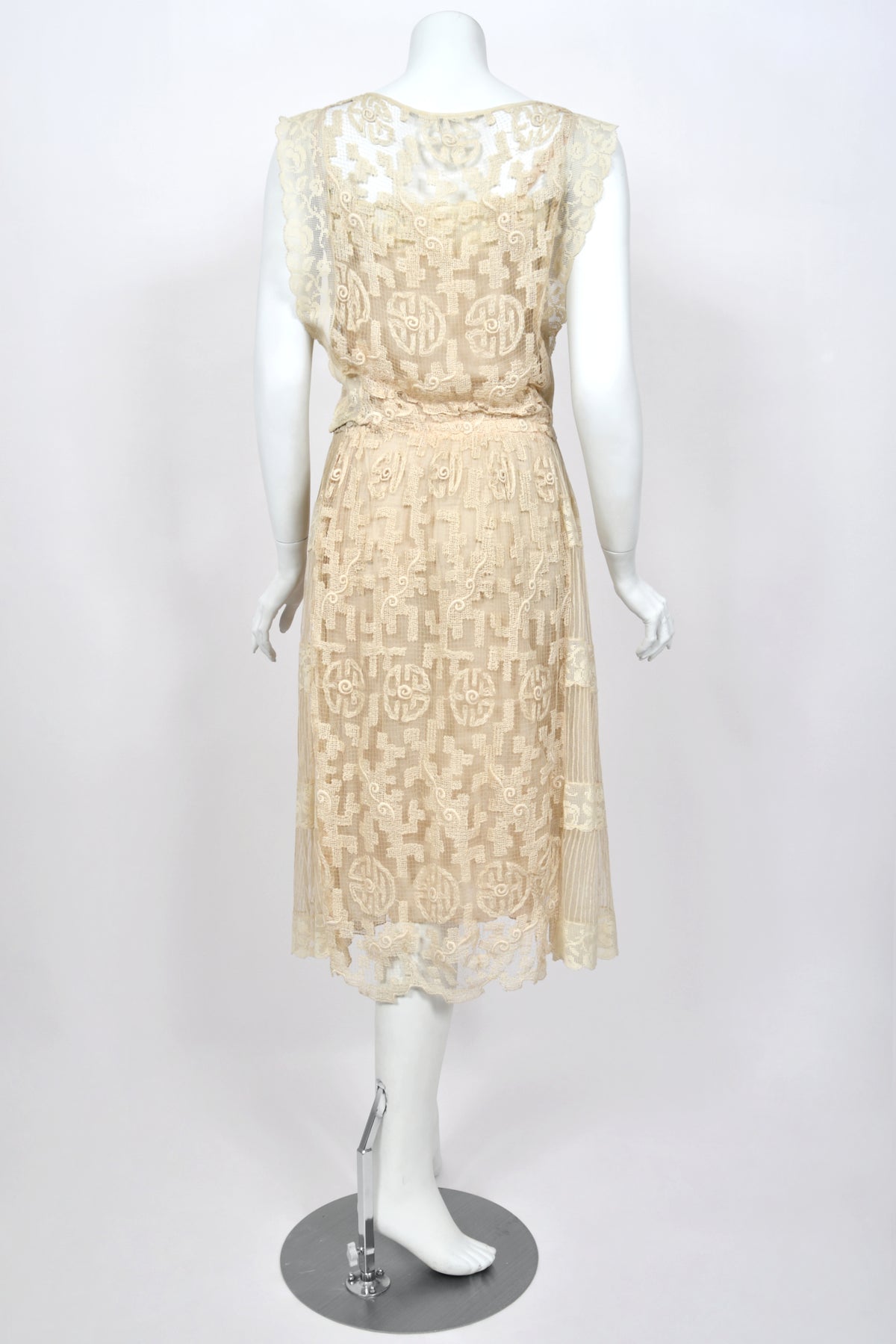 1920's French Cream Heavily Embroidered Deco Motif Filet Lace & Sheer Net Tea-Length Dress