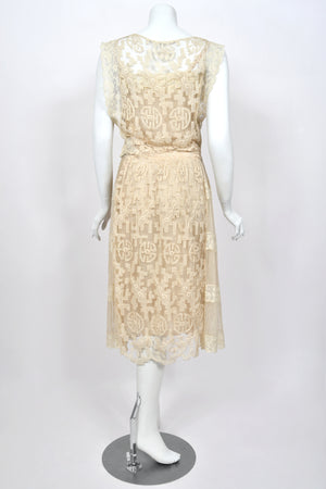 1920's French Cream Heavily Embroidered Deco Motif Filet Lace & Sheer Net Tea-Length Dress