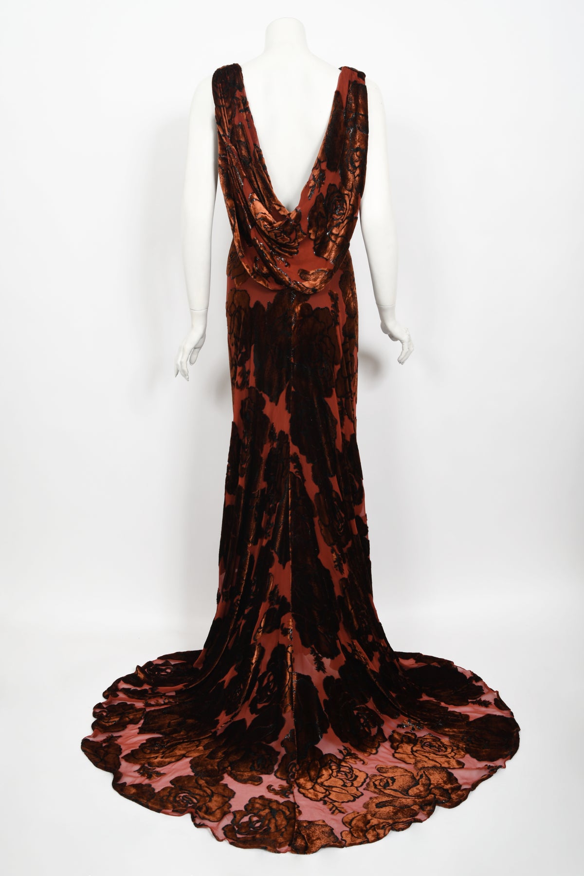 1999 Galindo Couture Metallic Amber Devoré Velvet Bias-Cut Trained Gown