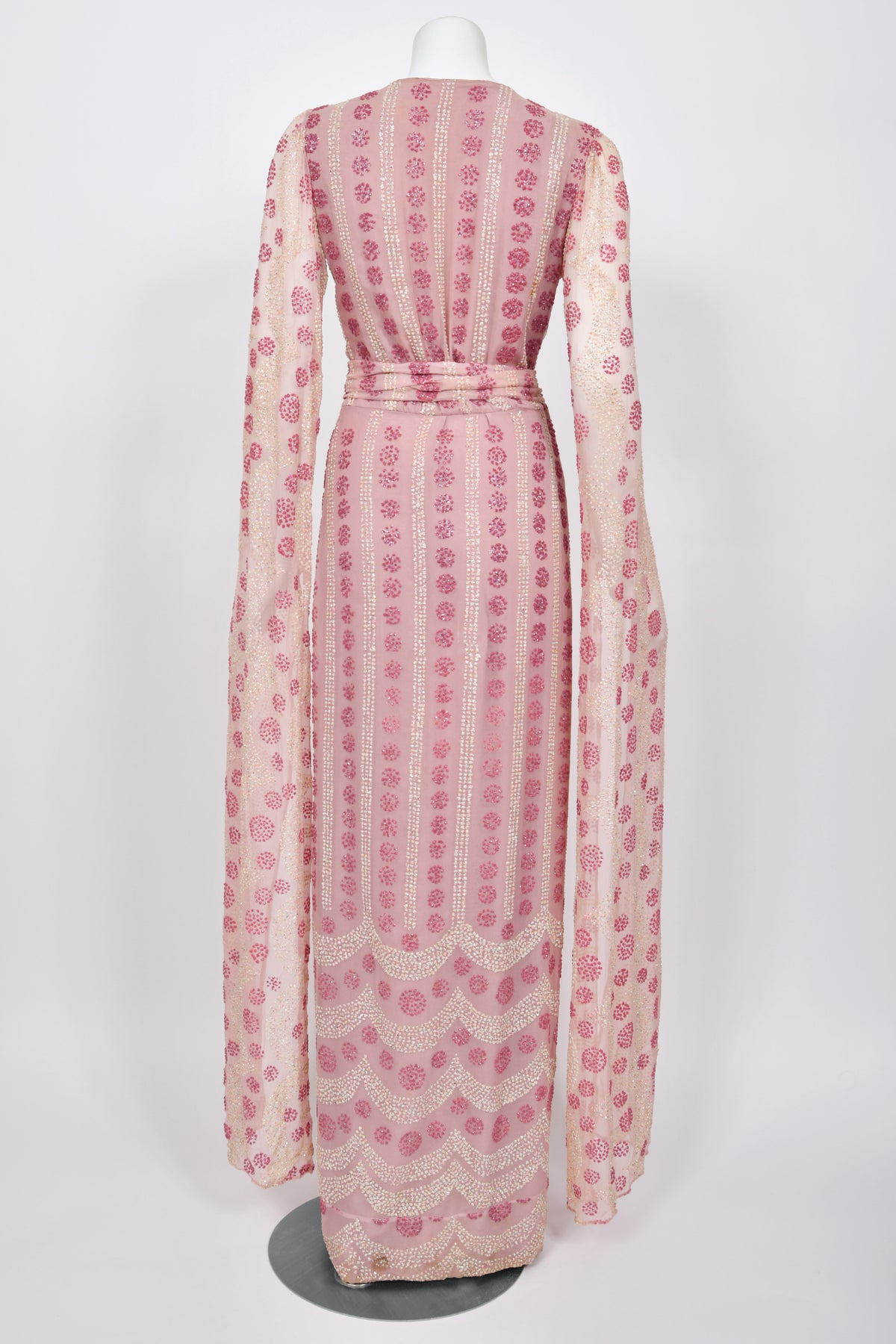 1974 Thea Porter Couture Sparkling Pink Glitter Silk Angel Sleeve Wrap Gown