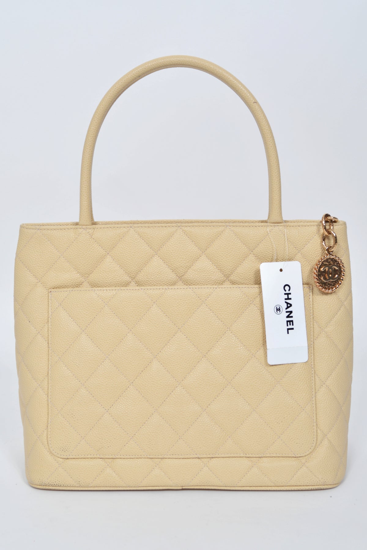 2003 Chanel Pale Yellow Quilted Leather Medallion Tote Logo Purse Unworn w/Tags