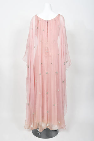 1974 Valentino Haute Couture Pale-Pink Beaded Crystal Silk Winged Cape Gown