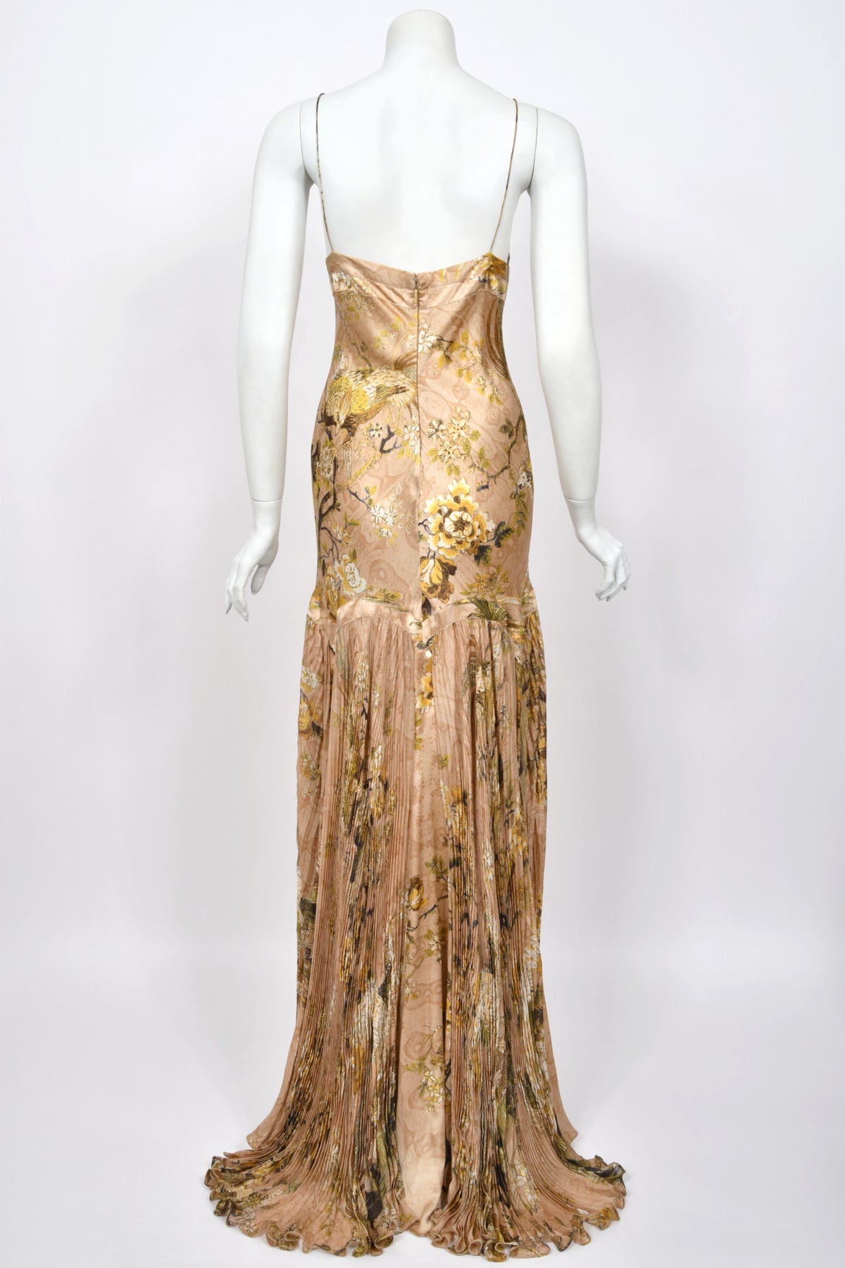 2006 Roberto Cavalli Champagne Floral & Bird Motif Silk Pleated High Low Bias-Cut Gown