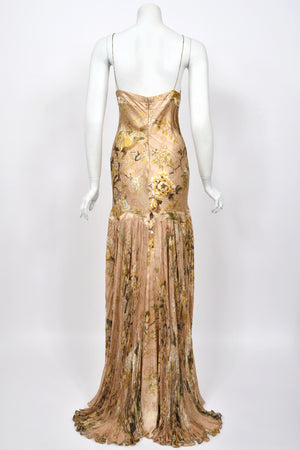2006 Roberto Cavalli Champagne Floral & Bird Motif Silk Pleated High Low Bias-Cut Gown