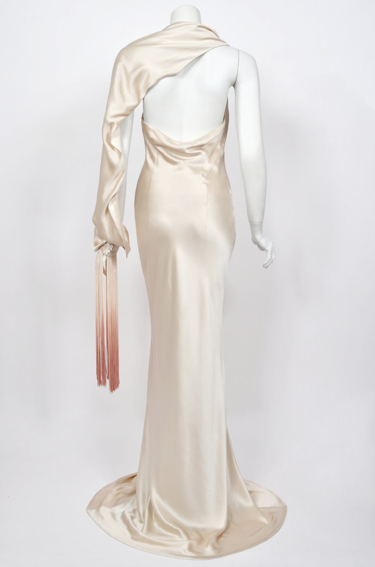 2009 Alexander McQueen Ivory Silk Draped Sleeve Ombré Fringe Bias-Cut Gown w/Tags