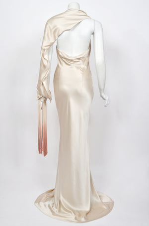 2009 Alexander McQueen Ivory Silk Draped Sleeve Ombré Fringe Bias-Cut Gown w/Tags