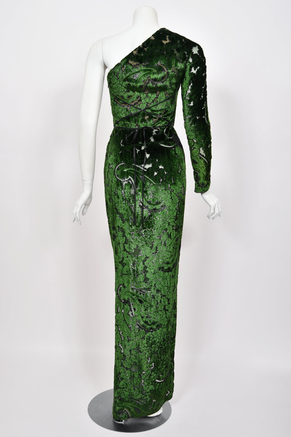 1990 Geoffrey Beene Couture 'Green Leaves' Sheer Devoré Velvet One-Sleeve Hourglass Gown