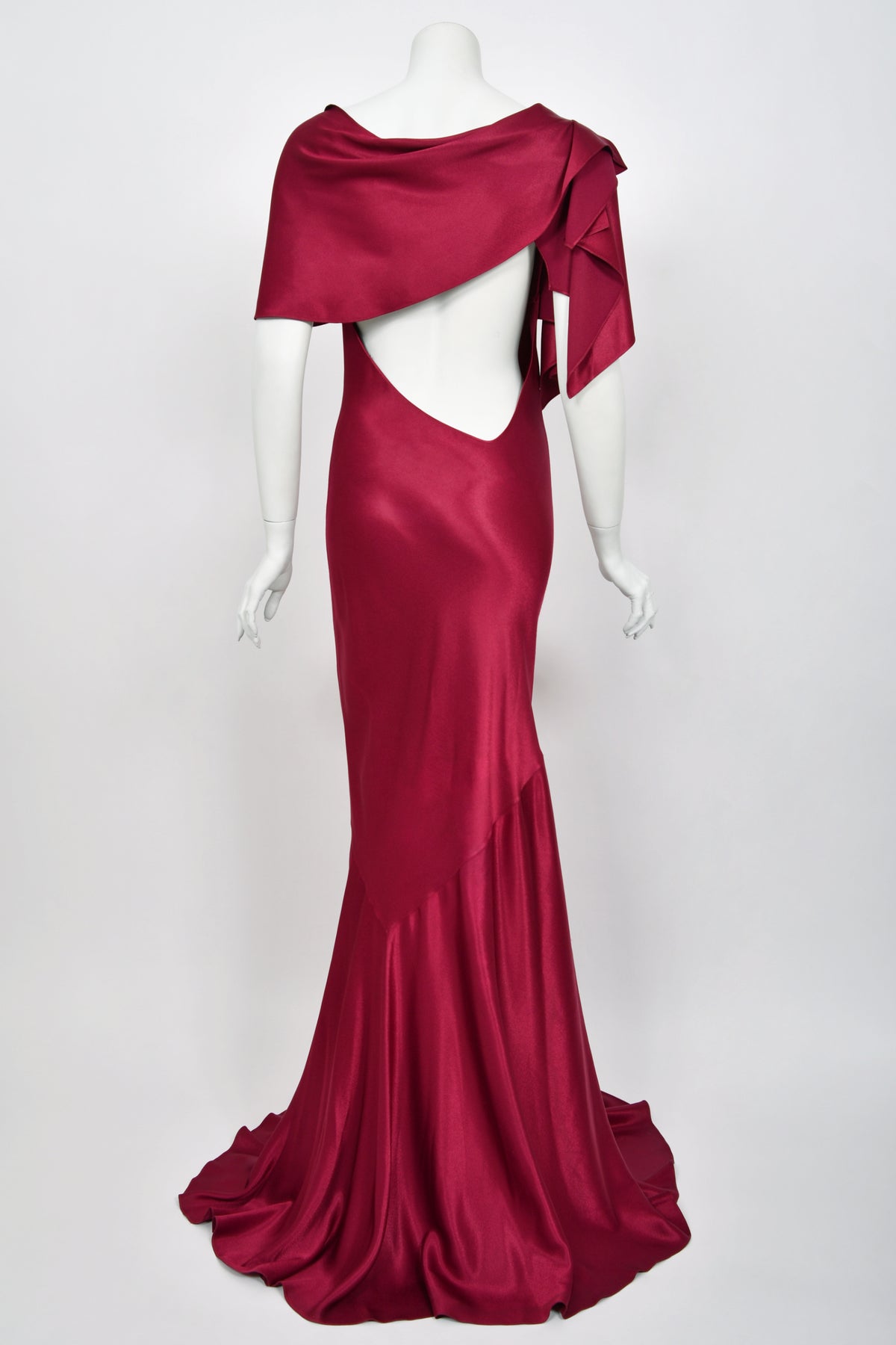 1999 John Galliano Maori Collection Wine Red Asymmetric High Slit Bias-Cut Gown