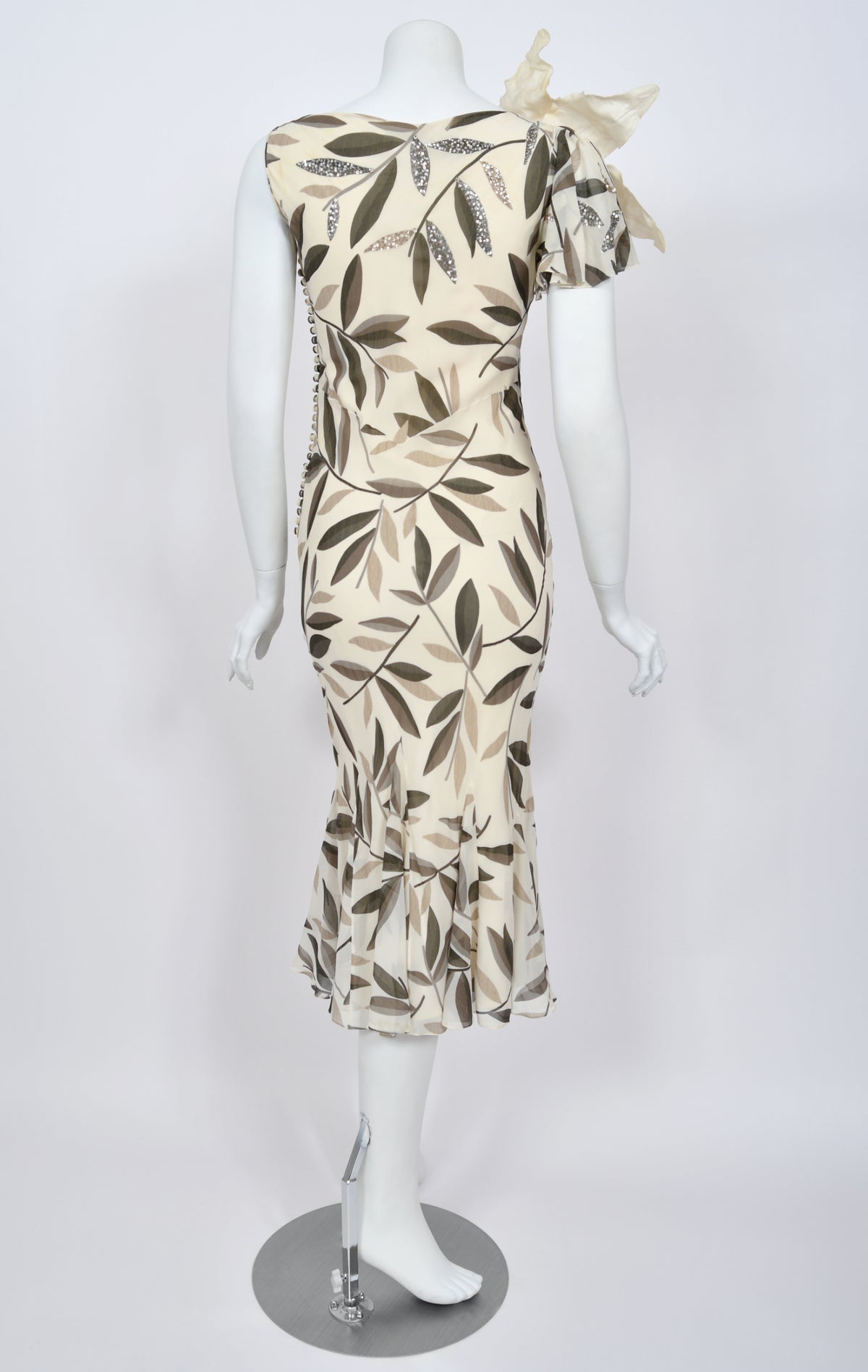 2008 Christian Dior by John Galliano Leaf Motif Sequin Silk Appliqué Bias-Cut Dress